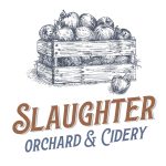 Vintage-style illustration of a wooden crate filled with apples above the text “Slaughter Orchard & Cidery”