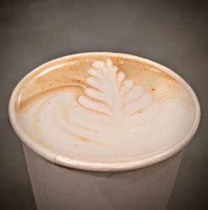 Close-up of leaf latte art on a freshly brewed espresso drink at Soma Coffeehouse in Bloomington
