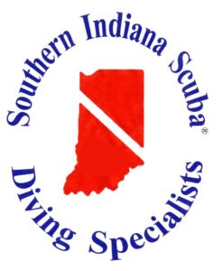 Southern Indiana Scuba logo featuring a red outline of the state of Indiana with a scuba diving flag symbol over it. The text "Southern Indiana Scuba" and "Diving Specialists" surround the outline.