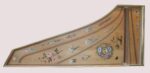 A traditional French-style harpsichord soundboard painting commission featuring delicate floral decoration in light blue, pink, and gray-white pastel colors.